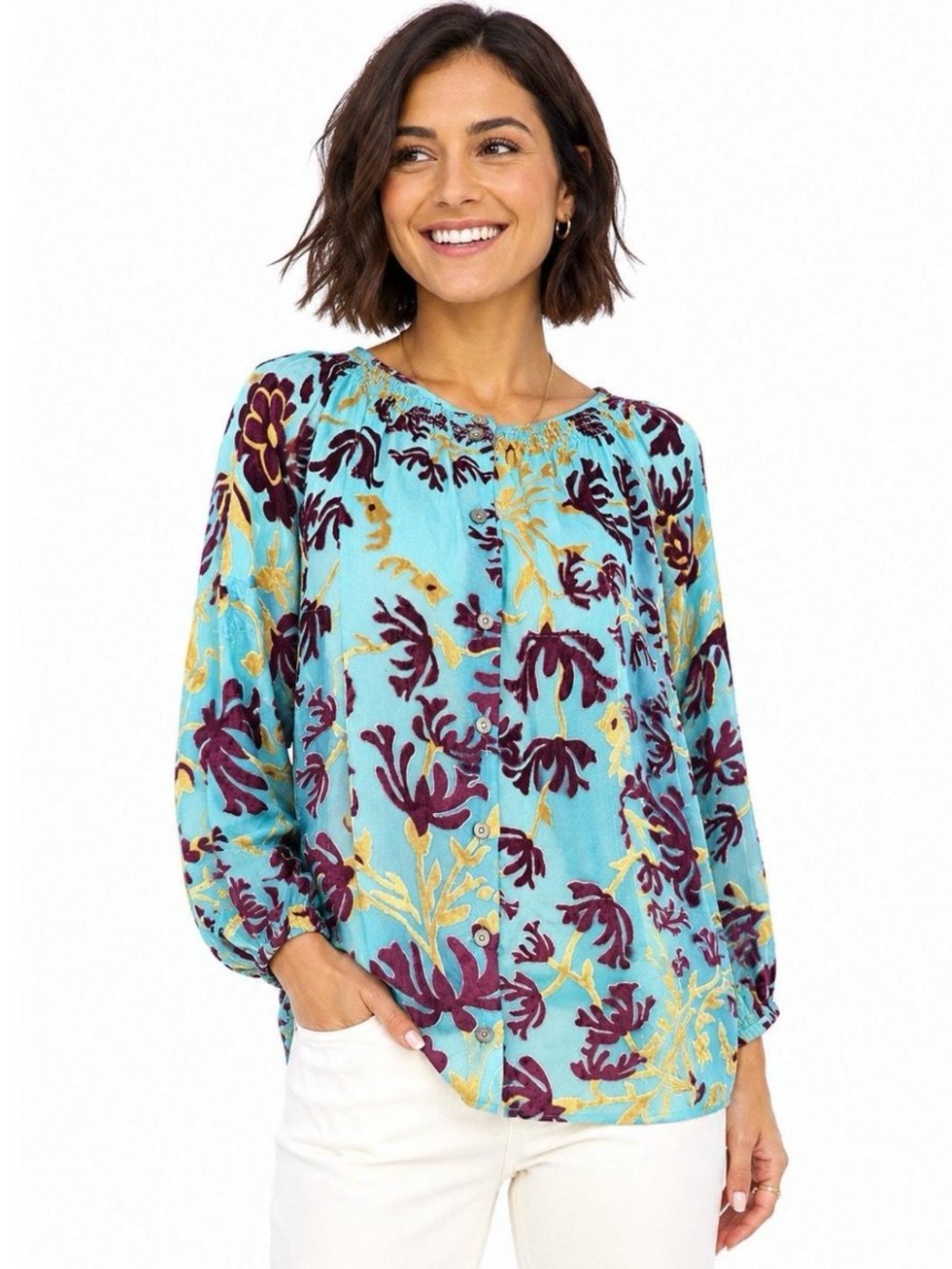 Sundance Turquoise Velvet Floral Burnout Blouse Boho Button Front Peasant Top S